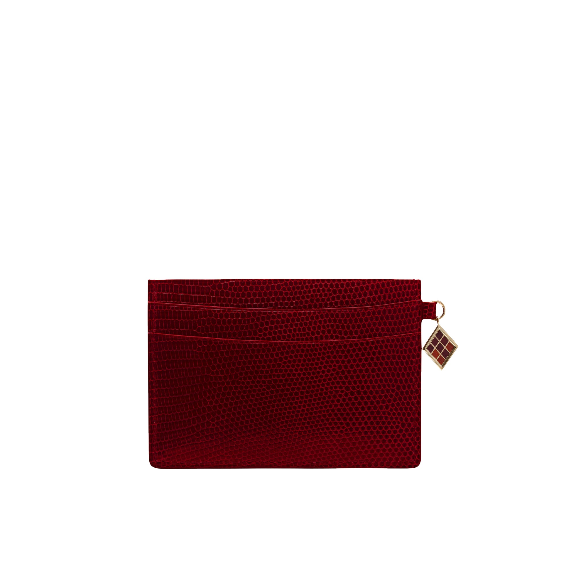 Louvre Creations Card Holder in rubby lizard leather with 3 credit card slots. Iconic TEHUTI charm in gold brass, complete with colored enamel.