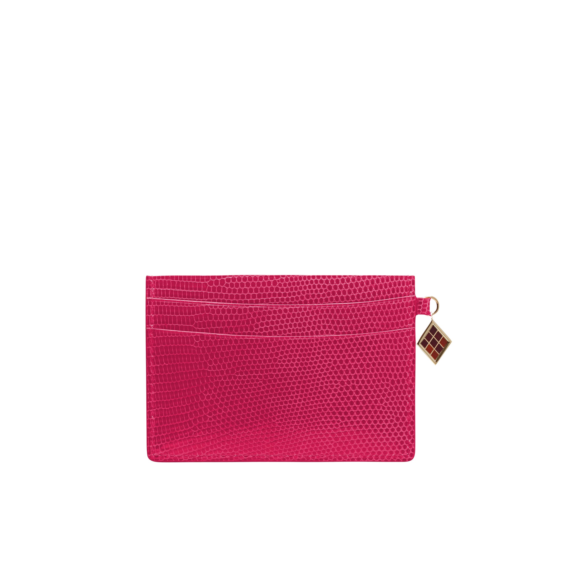Louvre Creations Card Holder in pink lizard leather with 3 credit card slots. Iconic TEHUTI charm in gold brass, complete with colored enamel.