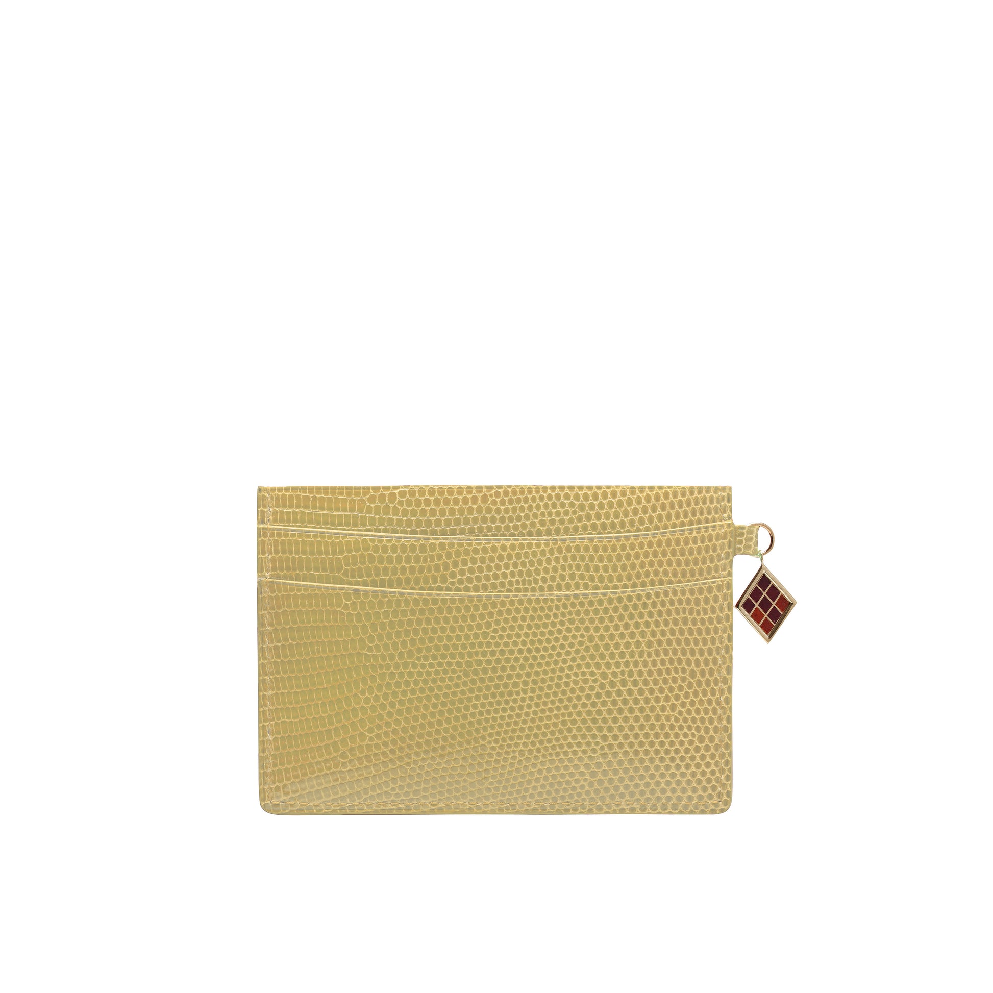 Louvre Creations Card Holder in beige lizard leather with 3 credit card slots. Iconic TEHUTI charm in gold brass, complete with colored enamel.