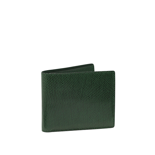 Tehuti GDLD Rainbow super compact wallet in Green ostrich leather with 6 credit card slots, 3 pockets and 1 change purse with closure on the back.