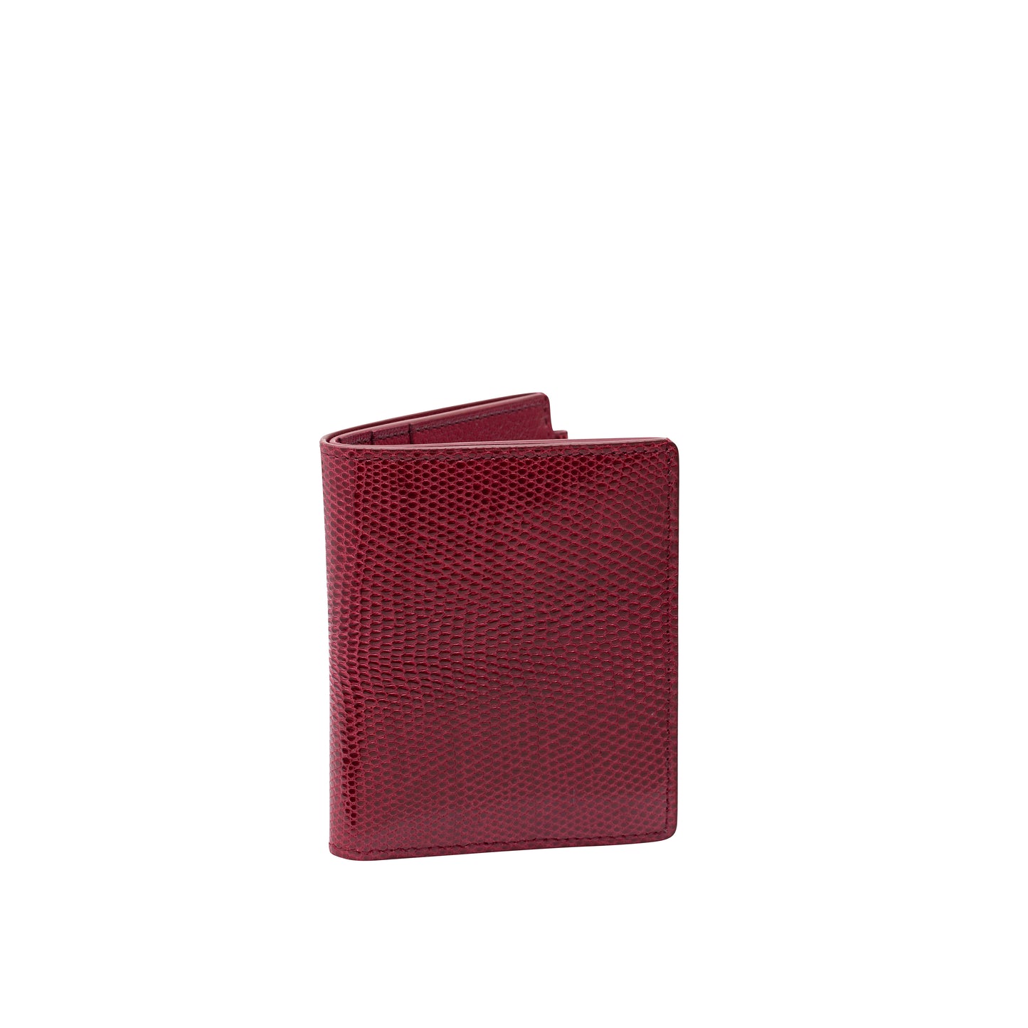 Tehuti GDLD Man Card holder in bordo shiny lizard leather with  4 credit card slots and 2 pockets.