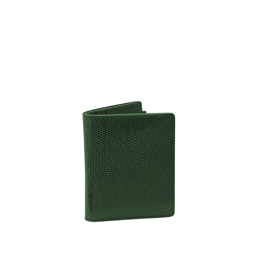 Tehuti GDLD Man Card holder in green shiny lizard leather with  4 credit card slots and 2 pockets.