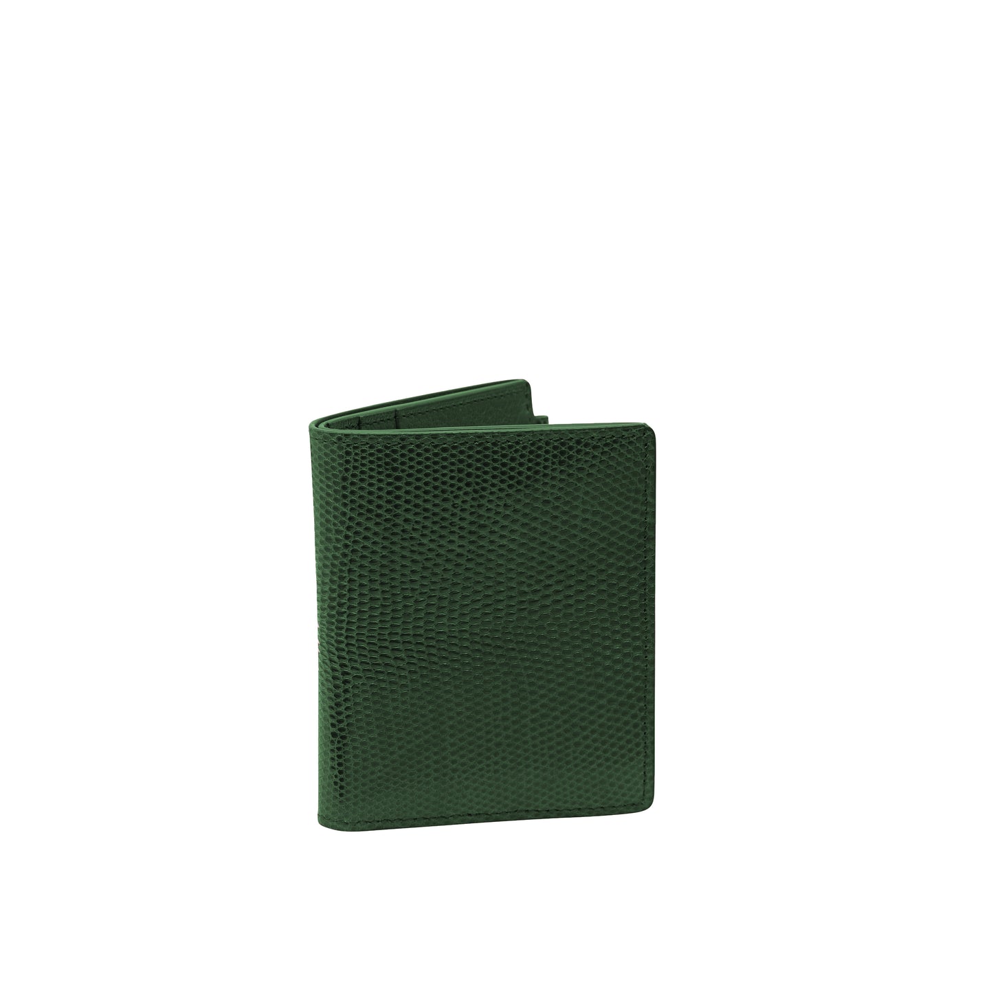 Tehuti GDLD Card holder in Green shiny lizard leather with 4 credit card slots and 2 pockets.