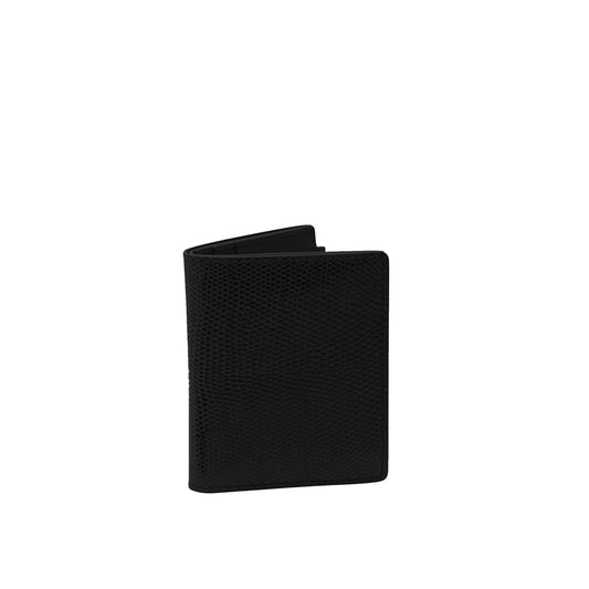 Tehuti GDLD Card holder in black shiny lizard leather with  4 credit card slots and 2 pockets.