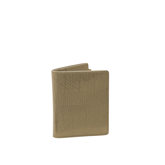 Tehuti GDLD Man Card holder in cappuccino shiny lizard leather with  4 credit card slots and 2 pockets.