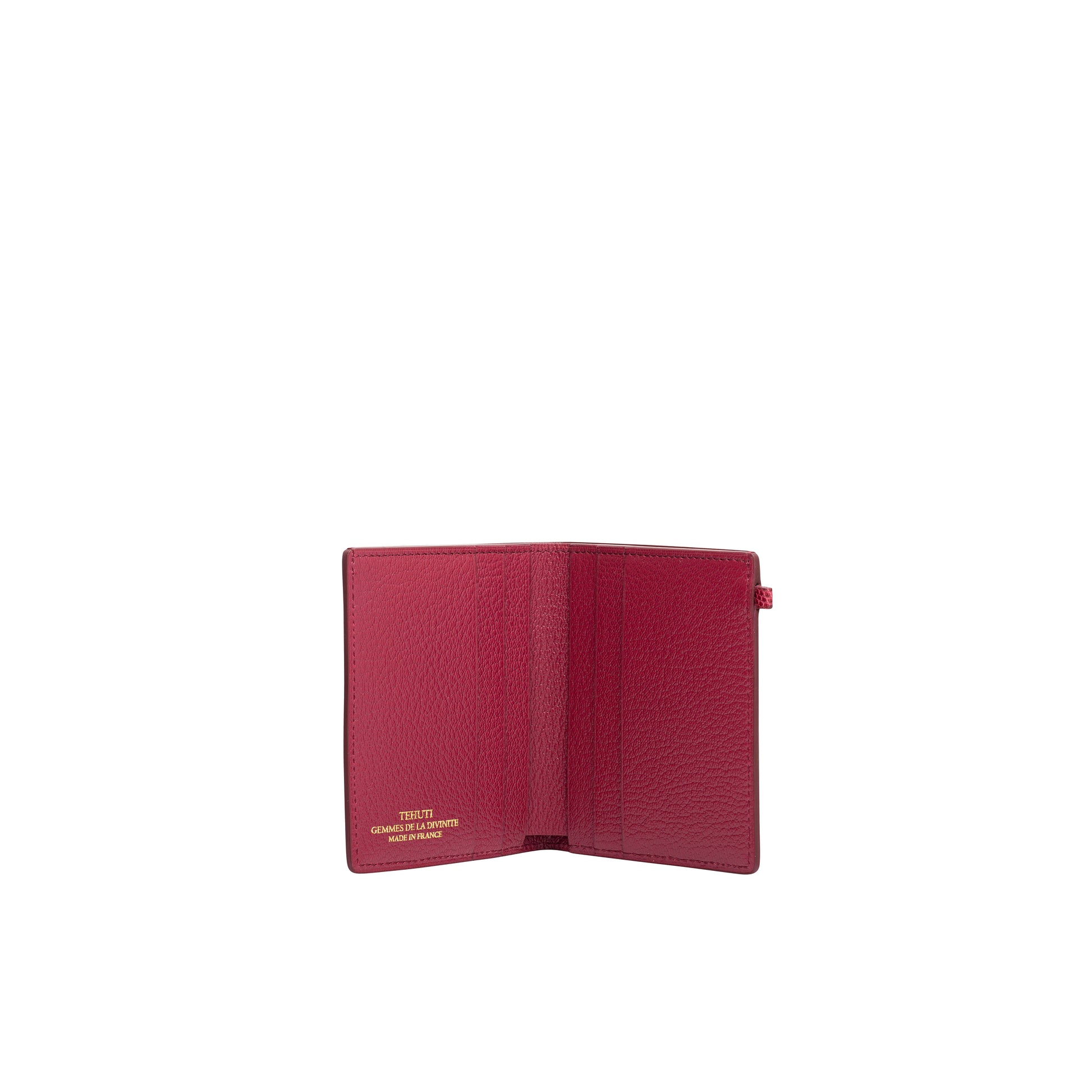 Tehuti GDLD Man Card holder in Bordo shiny lizard leather with  4 credit card slots and 2 pockets.