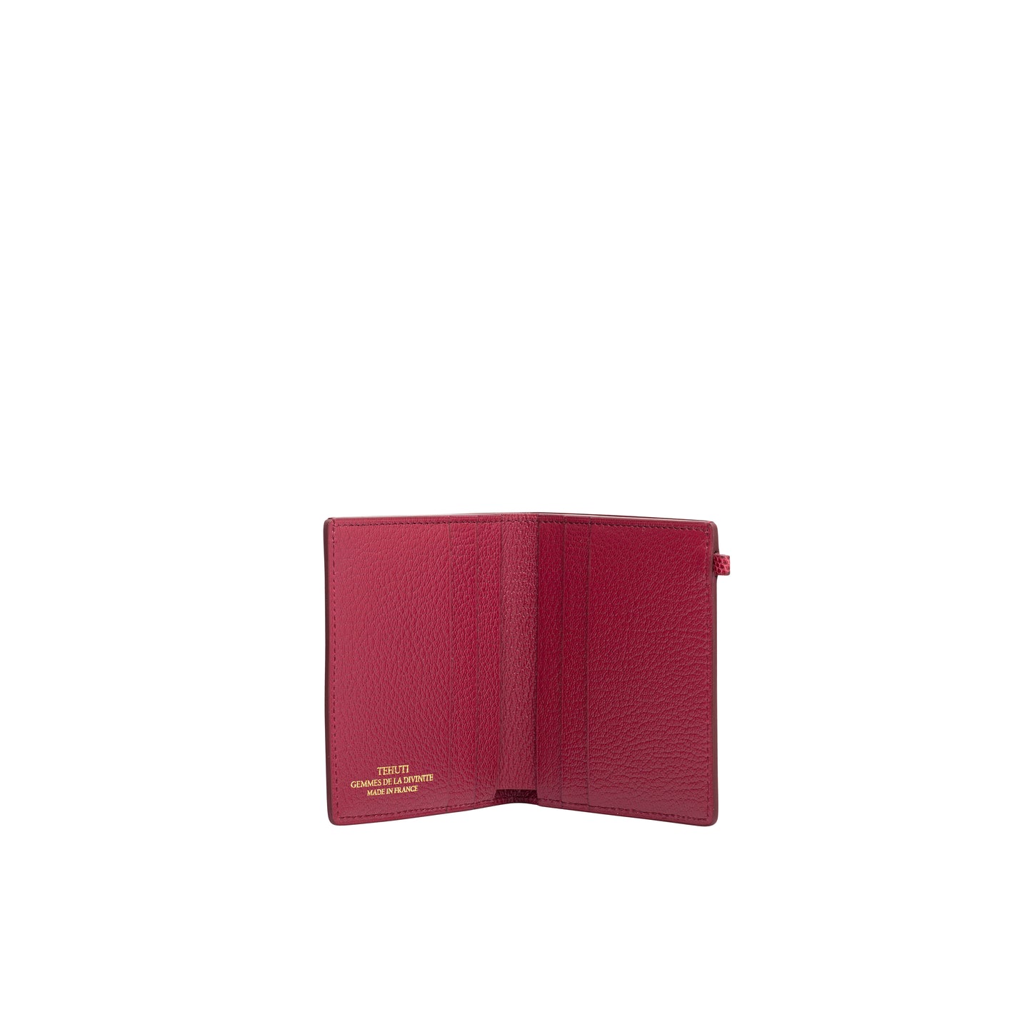 Tehuti GDLD Man Card holder in bordo shiny lizard leather with  4 credit card slots and 2 pockets.