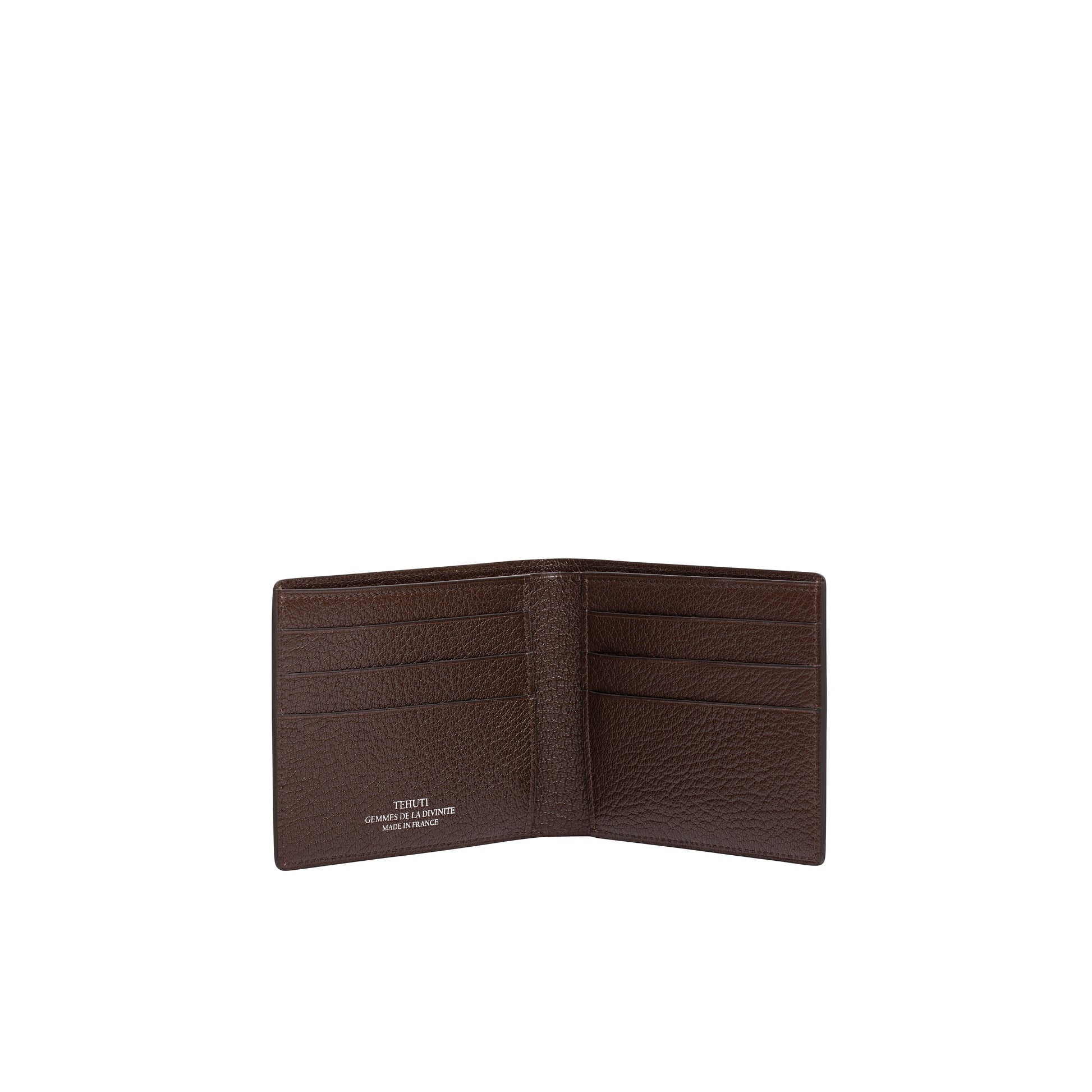 Tehuti GDLD Rainbow super compact wallet in Brown ostrich leather with 6 credit card slots, 3 pockets and 1 change purse with closure on the bac