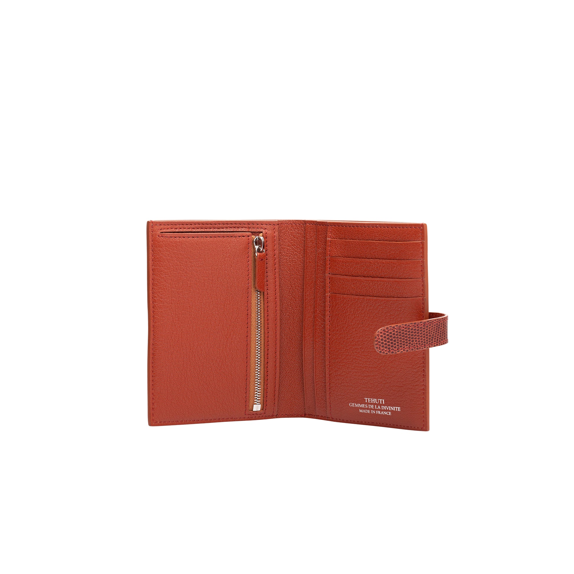 Tehuti GDLD Man Compact wallet in shiny cognac lizard leather with 4 credit card slots, 4 pockets, zipped change purse