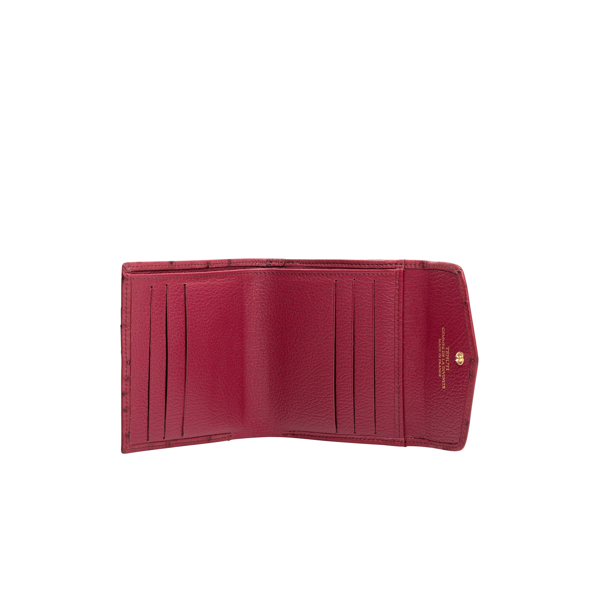 Tehuti GDLD Rainbow super compact wallet in Rouge ostrich leather with 6 credit card slots, 3 pockets and 1 change purse with closure on the back.