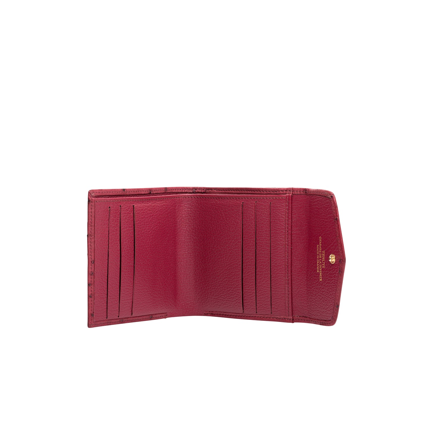 Tehuti GDLD Rainbow super compact wallet in Rouge leather with 6 credit card slots, 3 pockets and 1 change purse with closure on the back.