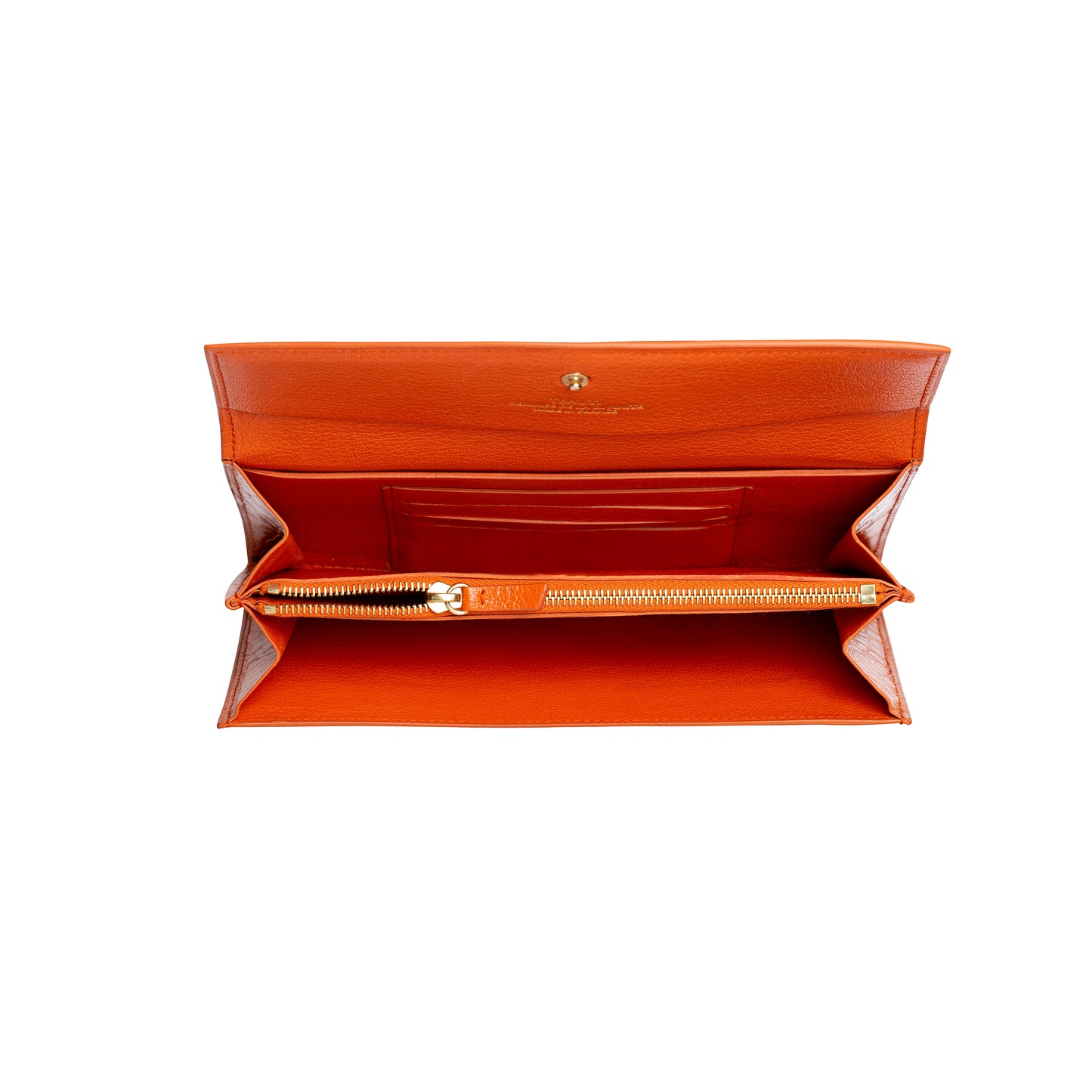 Tehuti GDLD large wallet in orange shiny alligator leather with 2 credit card slots, 2 pockets, zipped changed purse.