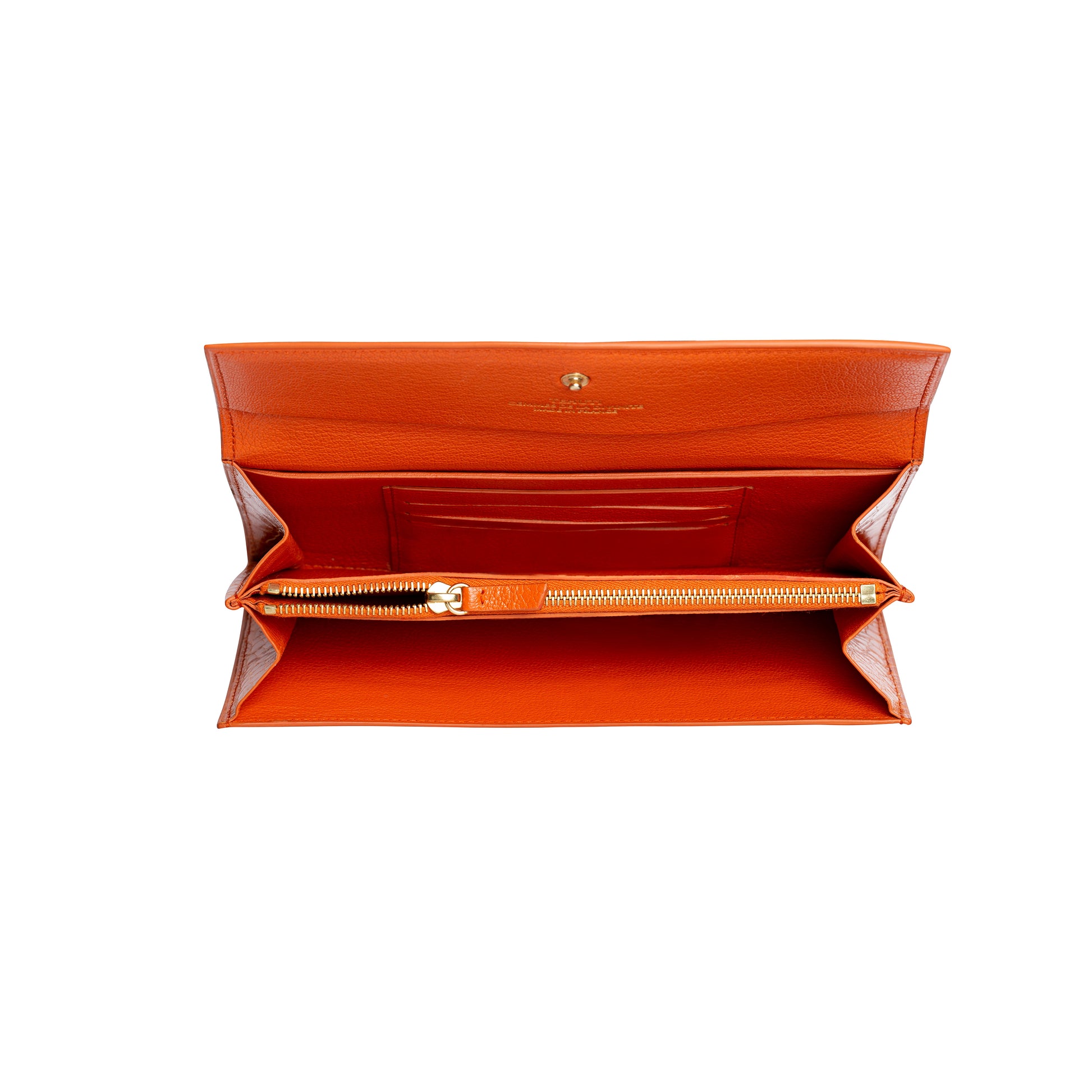 Tehuti GDLD large wallet in orange shiny alligator leather with 2 credit card slots, 2 pockets, zipped changed purse.