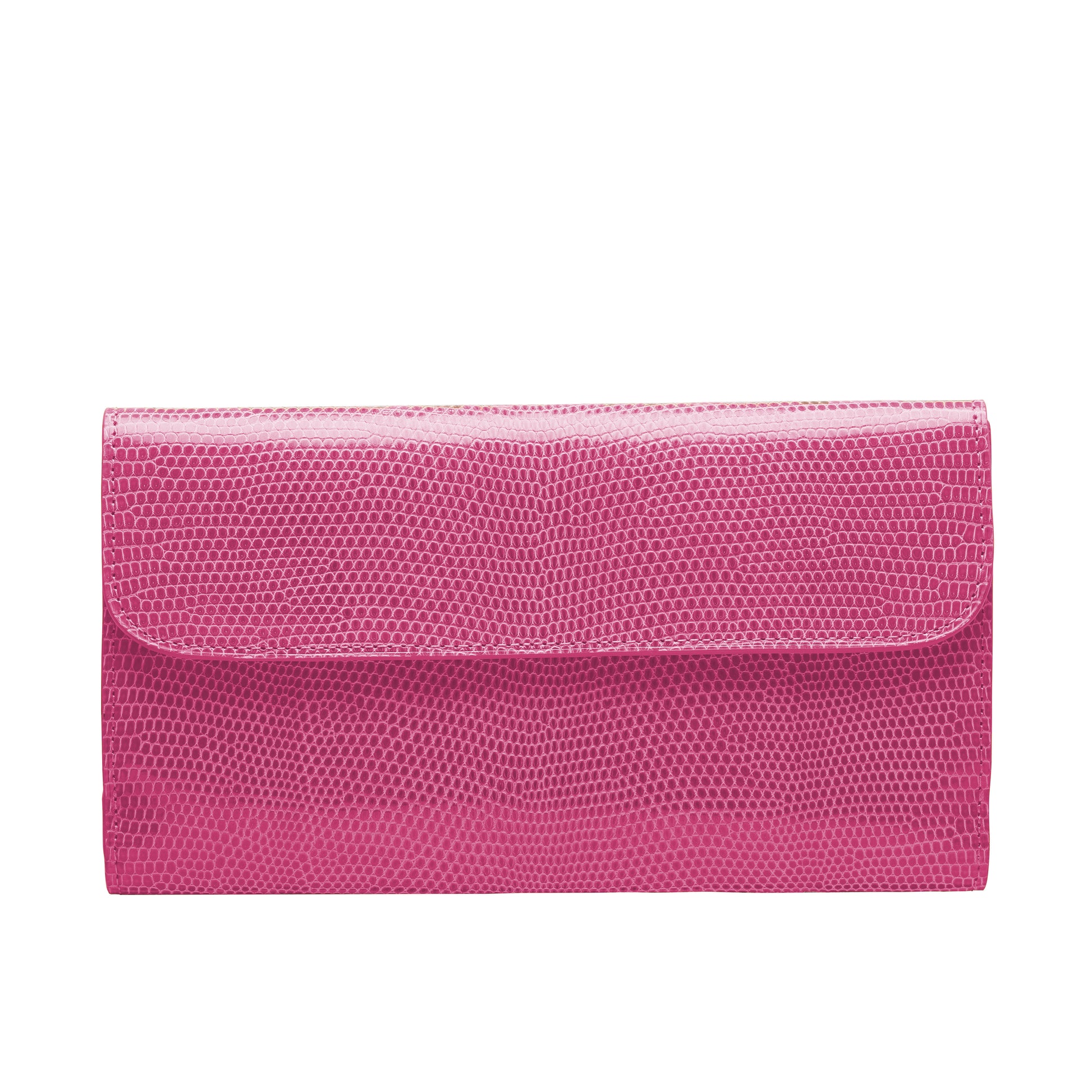 Tehuti GDLD Rainbow large wallet in  shiny lizard pink leather with 8 credit card slots, 2 pockets, zipped changed purse.