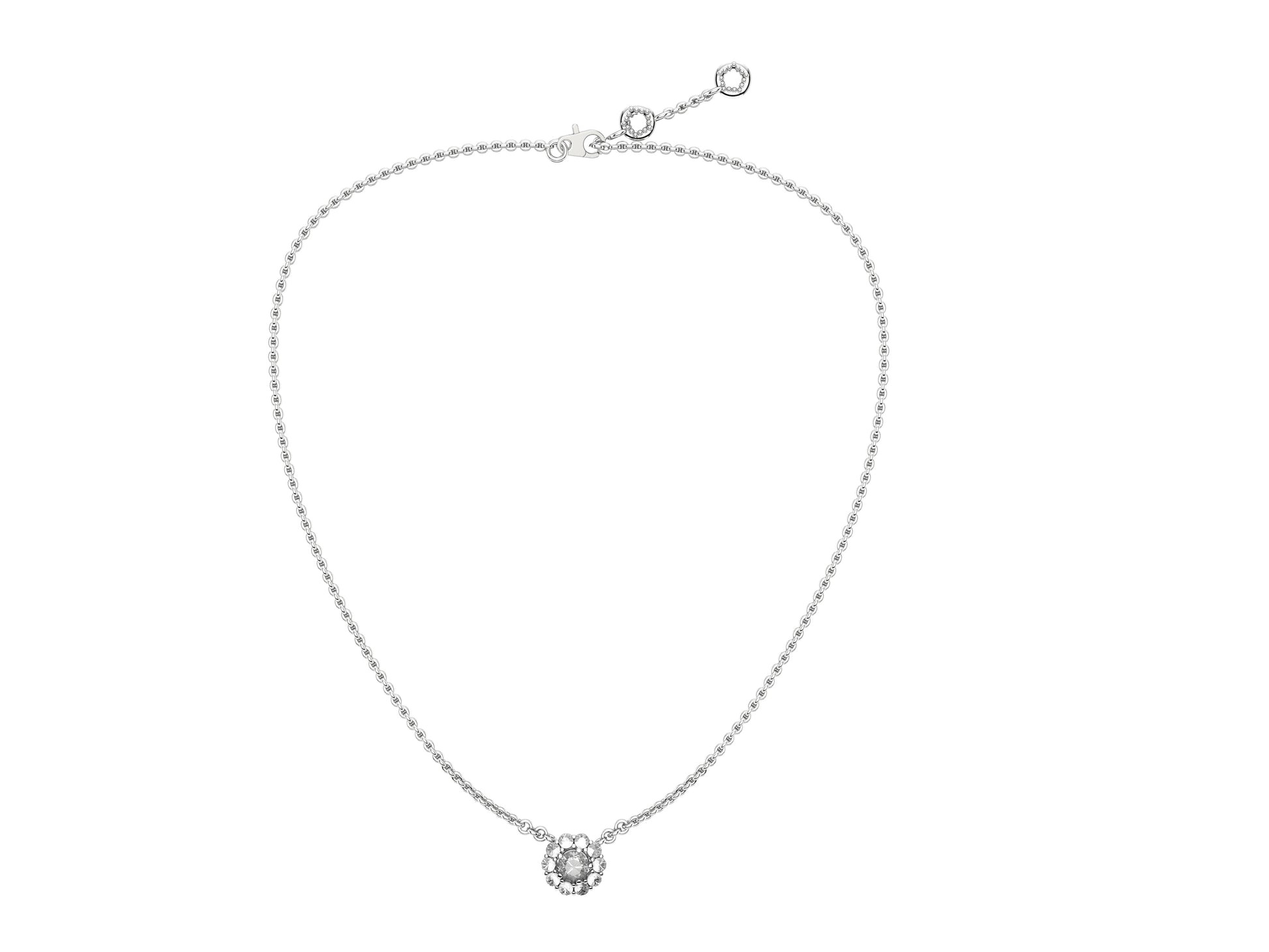 Flores de MatiJaro necklace, 18K white gold, set with a brilliant-cut diamond available in 0.45 to 0.59 carats and set with brilliant-cut pavé diamonds.