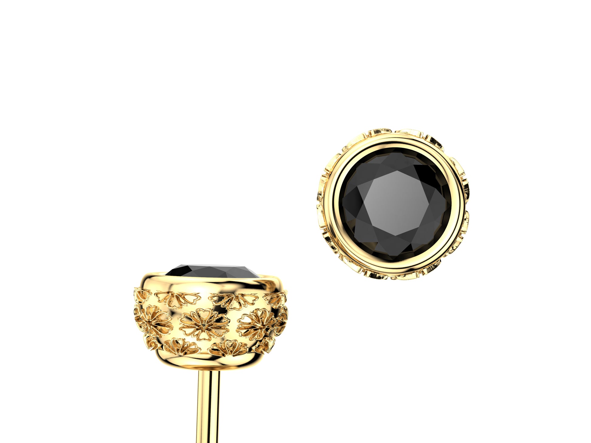 Gemme's De La Divinite earrings, 18K yellow gold, each set with a black spinel. Diameter of the pattern: 5.0 mm.